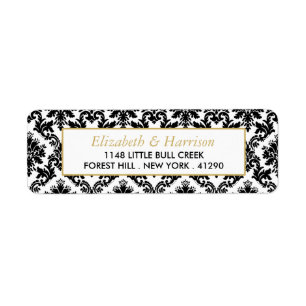 Etiqueta Oro vintage, matrimonio Damasco blanco y negro