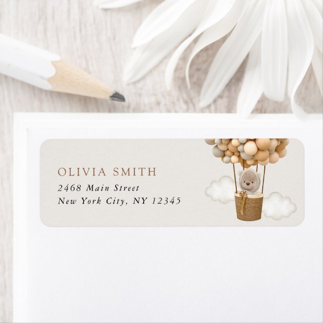 Etiqueta Oso, globos beige, globo de aire caliente, Baby Sh (In situ)