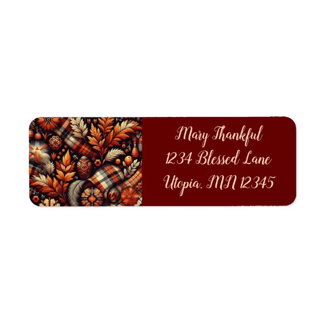 Etiqueta Otoño Plaid Leaves Naranja Patrón negro (Frente)