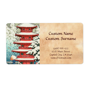 Etiqueta Pagoda en la nieve arte shin hanga de Kawase Hasui