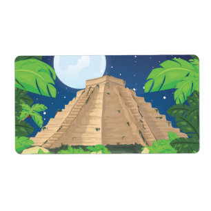 Etiqueta paisaje de dibujos animados de pirámide azteca