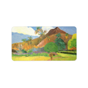 Etiqueta Paisaje tahitiano, montañas Tahiti, Paul Gauguin