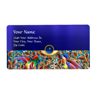 ETIQUETA PÁJAROS COLORIDOS Y PLANTAS FLORALES GIMNASIO AZUL