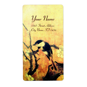 Etiqueta PÁJAROS DE PRIMAVERA Y ÁRBOL DE FLORES Marrón amar