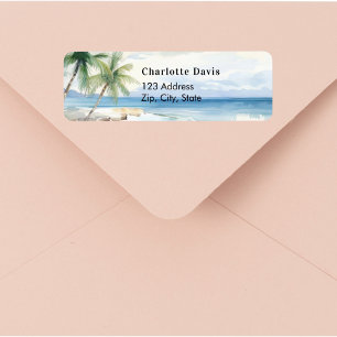 Etiqueta Palmeras de playa tropical devuelven dirección
