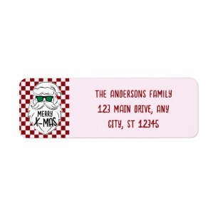 Etiqueta Papá Noel de Navidad a cuadros rosa retro groovy