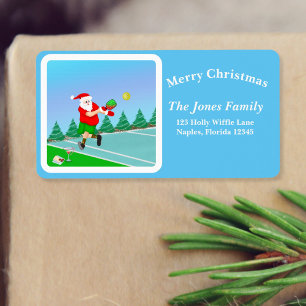 Etiqueta Papá Noel Divertido Jugando Pickleball Alegre Vole