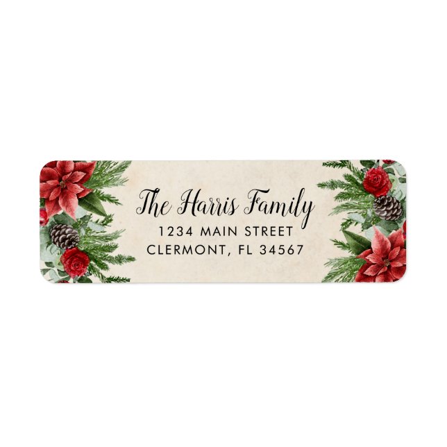 Etiqueta Papel de pergamino de Spruce Pinecone y Poinsettia (Frente)