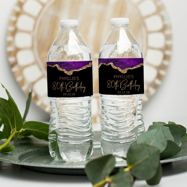 Etiqueta Para Botella De Agua 80.ª Fiesta de Cumpleaños Purple Gold Agate (Subido por el creador)
