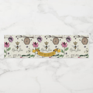 Etiqueta Para Botella De Agua Abeja y corona de la reina amarilla, negra y dorad