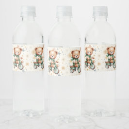 Etiqueta Para Botella De Agua Acuarela Teddy Bear Stars Green Bike Fiesta