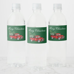 Etiqueta Para Botella De Agua Acuarela Vintage Camión Rojo Feliz Navidad Verde