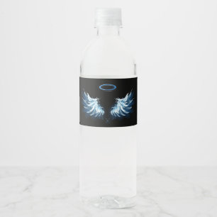 Etiqueta Para Botella De Agua Alas de ángel azules brillantes sobre fondo negro