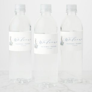Etiqueta Para Botella De Agua Ancla Floral Azul y Blanco Nupcial Náutico