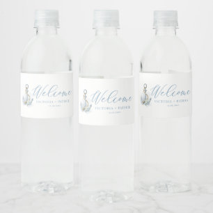 Etiqueta Para Botella De Agua Ancla Floral Azul y Blanco Nupcial Náutico