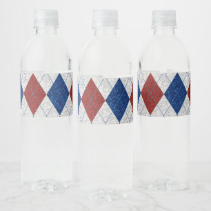Etiqueta Para Botella De Agua Argyle Rojo, Blanco y Azul de Glitter 4 de Julio