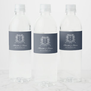 Etiqueta Para Botella De Agua Arte de línea de cresta vintage de Navy elegante b