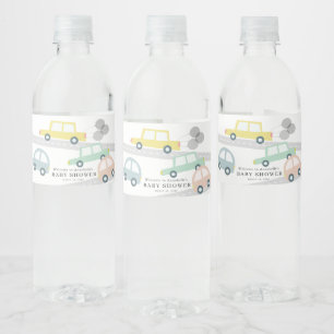 Etiqueta Para Botella De Agua Automóviles amarillos globos Baby Shower blanco