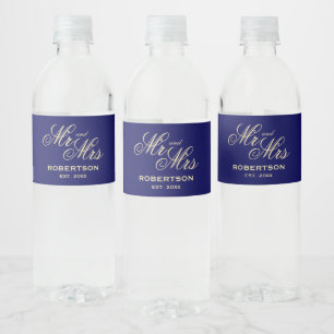 Etiqueta Para Botella De Agua Azul marino y crema de vainilla Sr. y Sra. boda