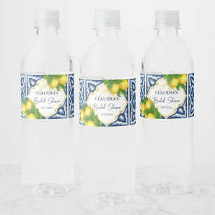 Etiqueta Para Botella De Agua Azulejos azules limones Amalfi ducha de novia ital
