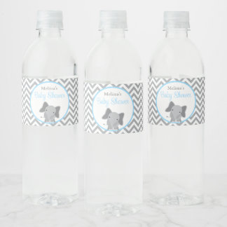 Etiqueta Para Botella De Agua Baby Shower azul claro de elefante suave