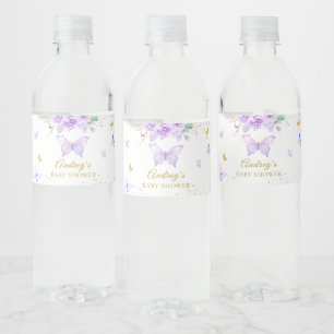 Etiqueta Para Botella De Agua Baby Shower Chica floral Purple Gold Butterfly