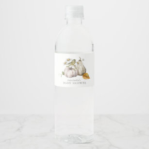Etiqueta Para Botella De Agua Baby Shower de acuarela de la calabaza de aves