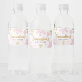Etiqueta Para Botella De Agua Baby Shower de copos de nieve de oro rosa