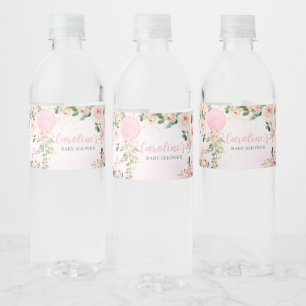 Etiqueta Para Botella De Agua Baby Shower de globo floral de vegetación rosa