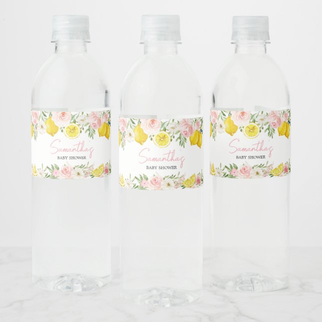 Etiqueta Para Botella De Agua Baby Shower de limón floral rosa (Botellas)