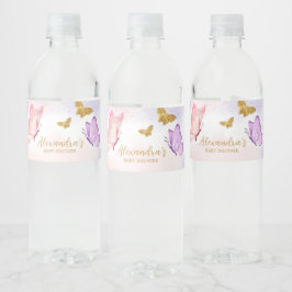 Etiqueta Para Botella De Agua Baby Shower de mariposa morada de oro rosa