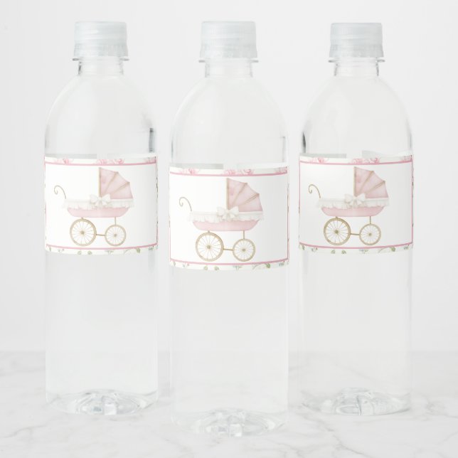 Etiqueta Para Botella De Agua Baby Shower de transporte floral rosa (Botellas)