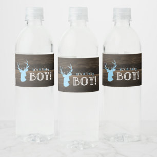 Etiqueta Para Botella De Agua Baby Shower Rustic Wood Blue Deer Boy