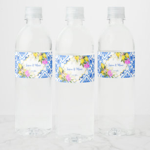 Etiqueta Para Botella De Agua Baldosas azules limón Bougainvillea boda personali