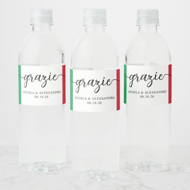 Etiqueta Para Botella De Agua Bandera italiana elegante caligrafía grazie (Botellas)