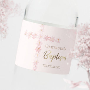 Etiqueta Para Botella De Agua Baptismo cruz de acuarela rosa