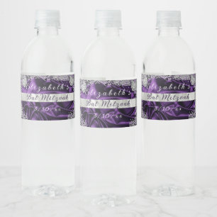 Etiqueta Para Botella De Agua Bat Mitzvah Morple Satin Sparkling Diamantes