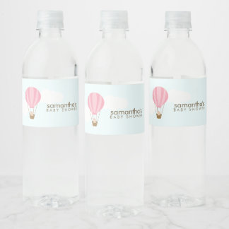 Etiqueta Para Botella De Agua Bebé en globo aerostático rosado