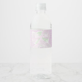 Etiqueta Para Botella De Agua Bienvenida pequeña uno lazo rosa a cuadros
