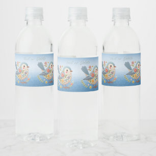 Etiqueta Para Botella De Agua Bird Floral Embroidery Blue