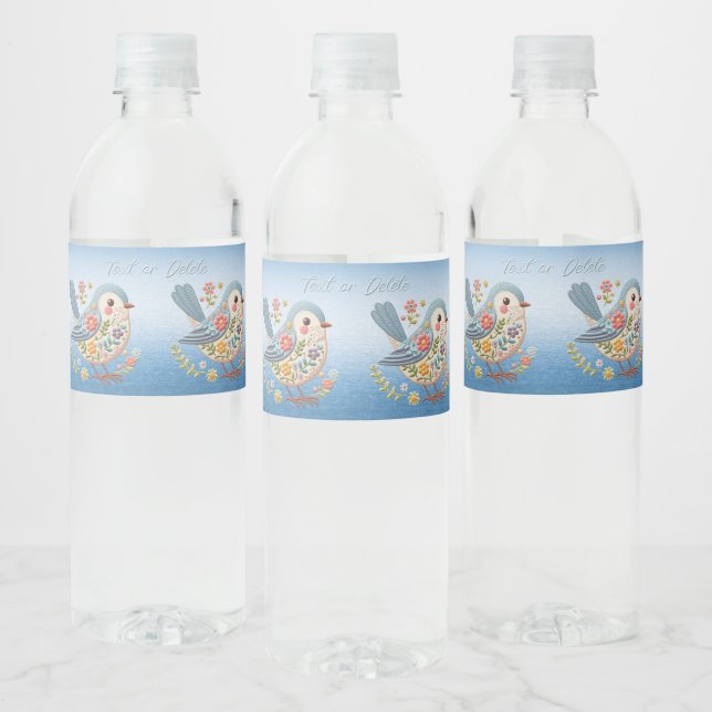 Etiqueta Para Botella De Agua Bird Floral Embroidery Blue (Botellas)