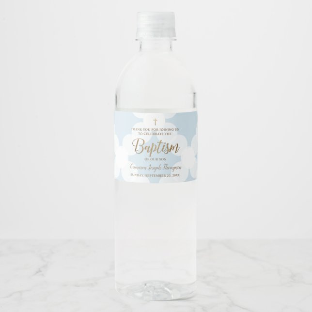 Etiqueta Para Botella De Agua Blue Gold Cross Baby Boy Baptismo (Anverso)