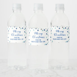 Etiqueta Para Botella De Agua Blue Silver Confetti Personalizado Feliz Navidad