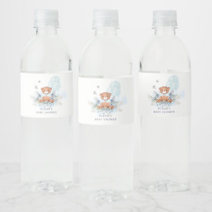 Etiqueta Para Botella De Agua Blue Teddy Bear Balloon Bearly Wait Baby Shower