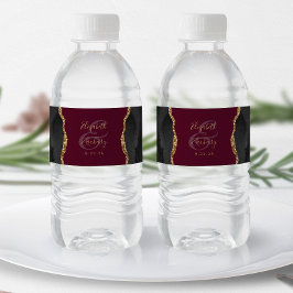 Etiqueta Para Botella De Agua Boda Burgundy Moderna de Ágata Dorada Negra