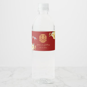 Etiqueta Para Botella De Agua Boda china de pájaro floral rojo