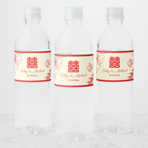 Etiqueta Para Botella De Agua Boda china rojo beige floral oriental