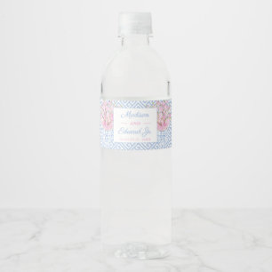 Etiqueta Para Botella De Agua Boda Chinoiserie rosa Y Azul Preppy