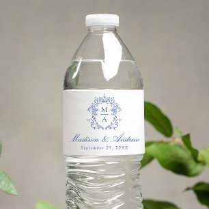 Etiqueta Para Botella De Agua Boda con monograma de cresta chinoisería azul eleg