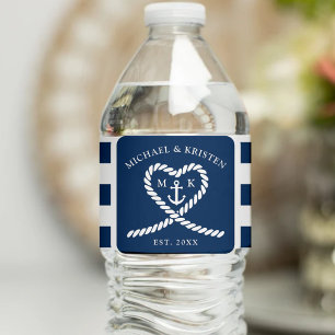Etiqueta Para Botella De Agua Boda de Ancla de Corazón con Banda Azul Náutica